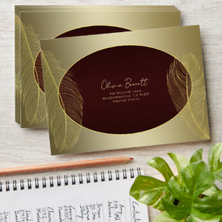Enveloppe Luxueuse Ovale Plume Rouge Or Élégante