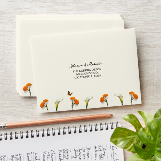 Enveloppe Lys, Marigolds, Papillon Mariage mexicain RSVP (Stacked)