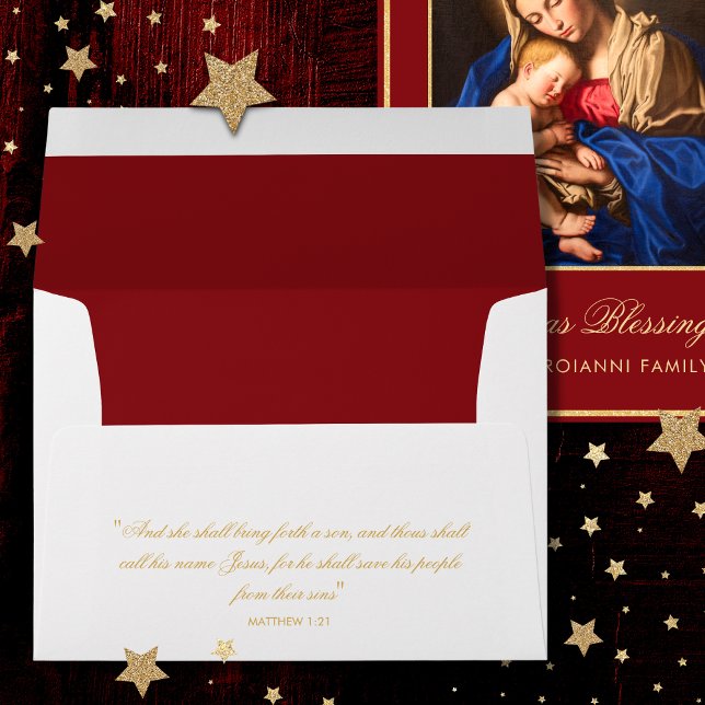 Enveloppe Madonna et la crèche de l'enfant Noël religieux (Catholic Christmas envelope with Bible verse on back in a traditional gold calligraphy script)