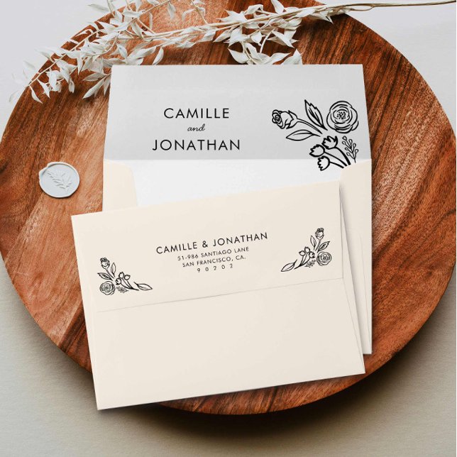 Enveloppe Main Whimsical tiré Mariage floral (Whimsical Floral Wedding Invitation Envelope)