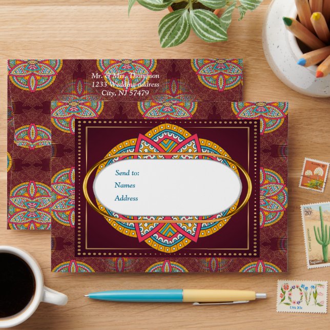 Enveloppe Mandalas dans les marrons mixtes - motifs rouges e (Desk)