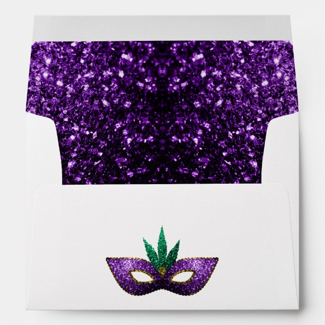 Enveloppe Mardi Gras Masque violet vert or étincelles blanc (Dos (Bas))