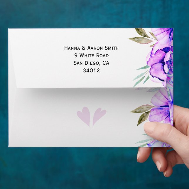 Enveloppe Mariage à la guirlande aquarelle violette et bleue (Hand)