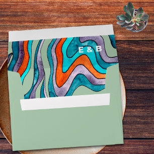 Enveloppe Mariage à la typographie ondulée verte rétro boho