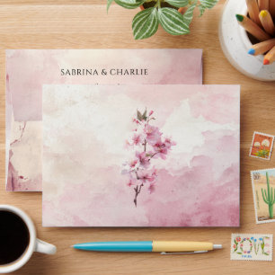 Enveloppe Mariage à l'aquarelle Fleur de Cerisier Rose Tendr
