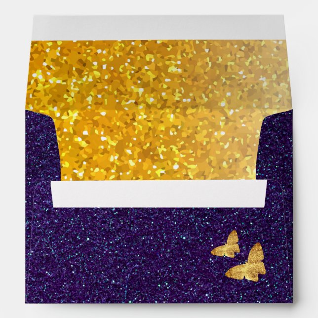Enveloppe Mariage à papillon moderne Profond violet & Or (Dos (Bas))