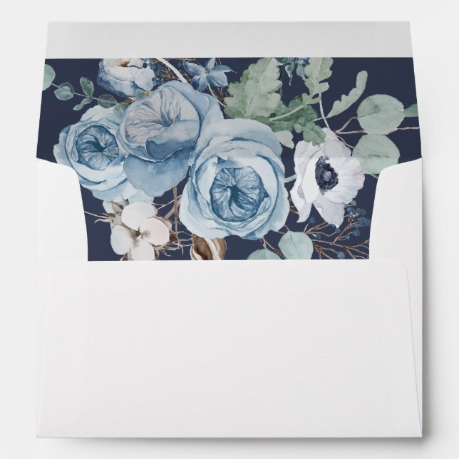 Enveloppe Mariage à script floral élégant bleu fon (Dos (Bas))