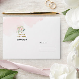 Enveloppe Mariage aquarelle coquette roses roses or