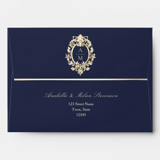 Enveloppe Mariage baroque bleu marine (Dos (Haut rabat))