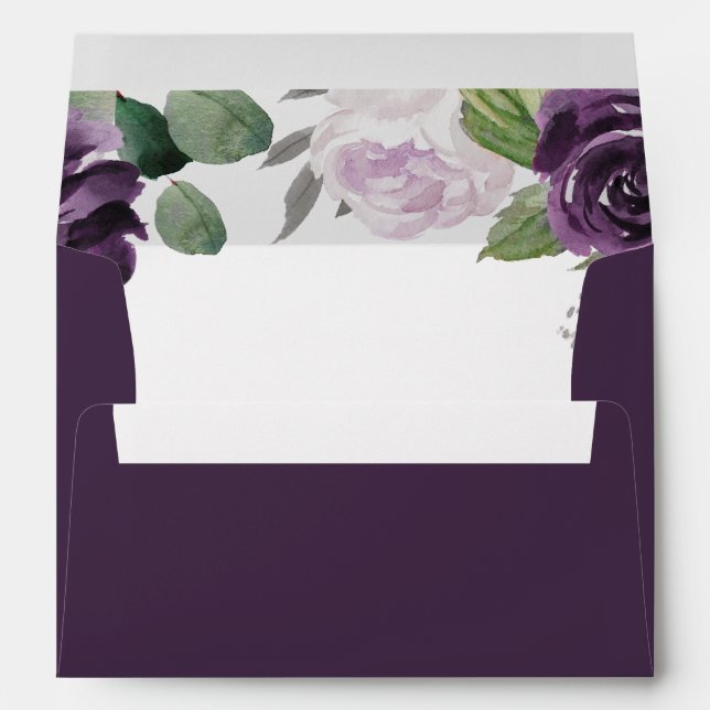 Enveloppe Mariage blanc floral élégant violet et argenté (Dos (Bas))
