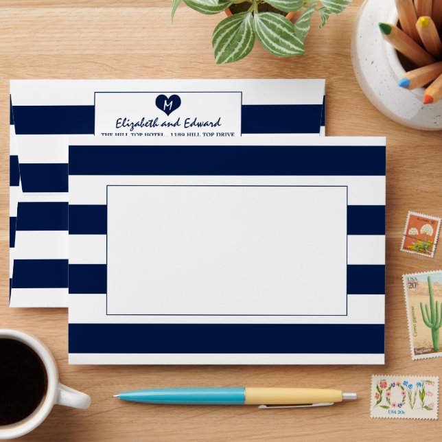 Enveloppe Mariage bleu et blanc de marine moderne chic (Desk)