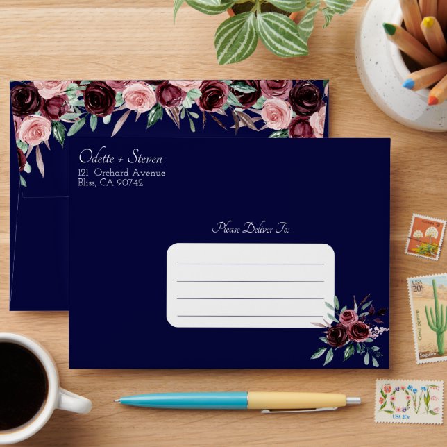 Enveloppe Mariage bleu marine romantique et bleu bordeaux (Desk)