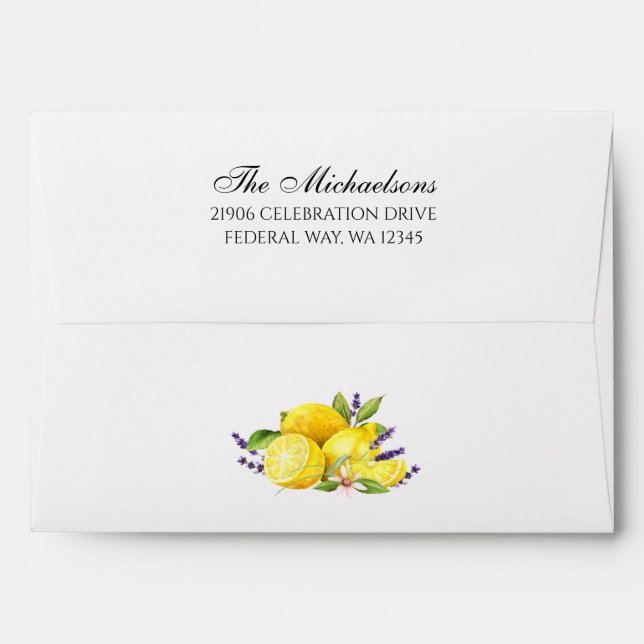 Enveloppe Mariage Boho de lavande de citron d'aquarelle (Dos (Haut rabat))