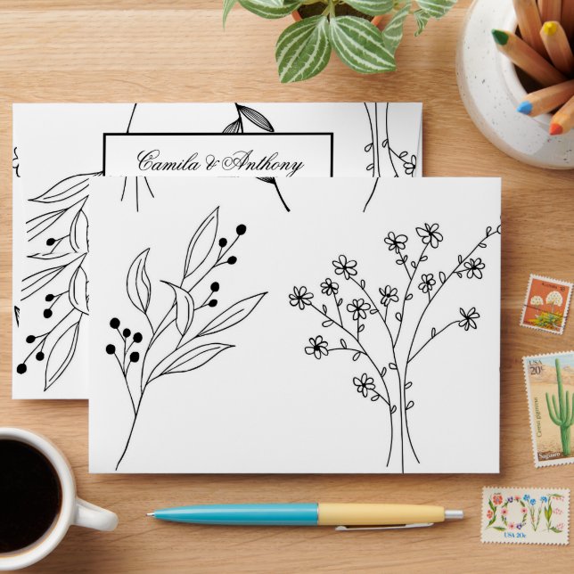 Enveloppe Mariage Boho floral noir et blanc (Desk)