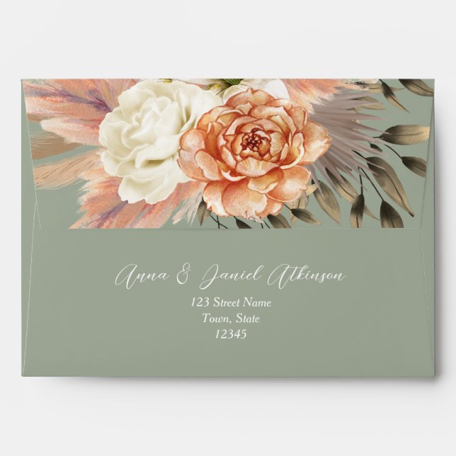 Enveloppe Mariage Boho Floral Peach Sage Green (Dos (Haut rabat))