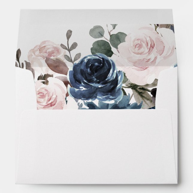 Enveloppe Mariage botanique bleu pâle rose rose (Dos (Bas))