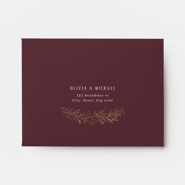 Enveloppe Mariage botanique en or doré bordeaux RSVP (Devant)