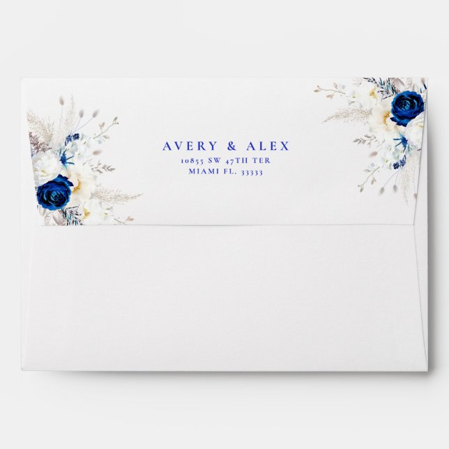 Enveloppe Mariage botanique Royal bleu et blanc moderne (Dos (Haut rabat))