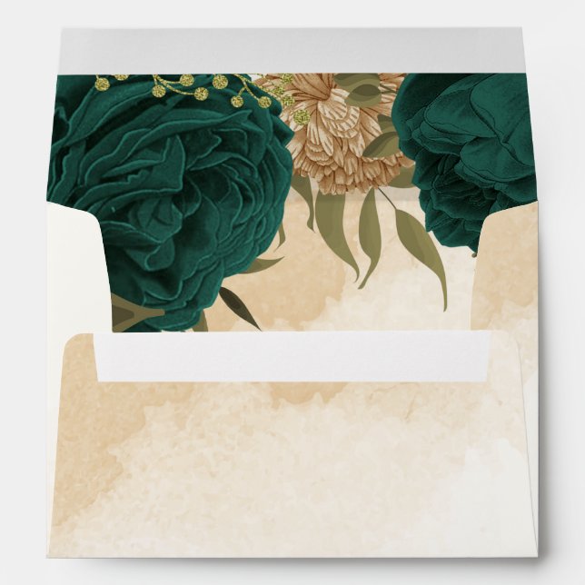 Enveloppe Mariage botanique vert émeraude beige or (Dos (Bas))