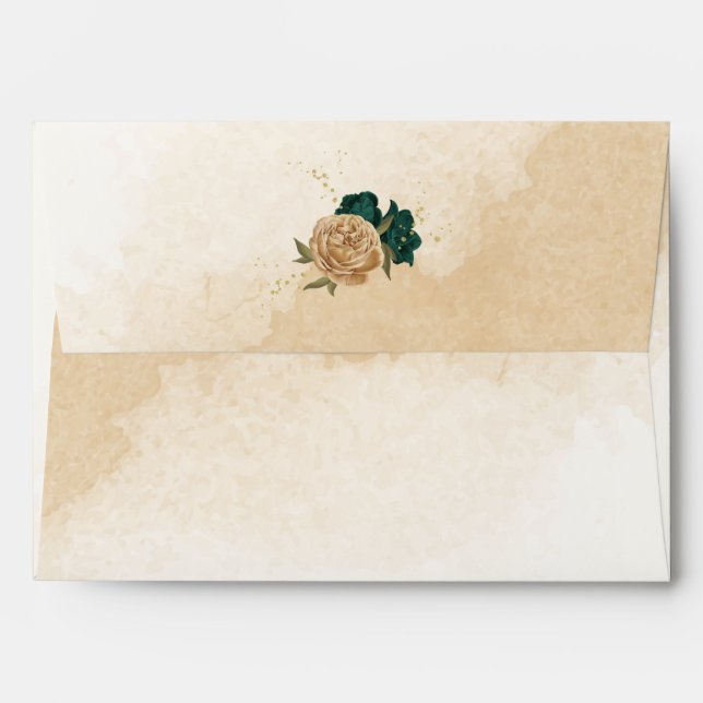 Enveloppe Mariage botanique vert émeraude beige or (Dos (Haut rabat))