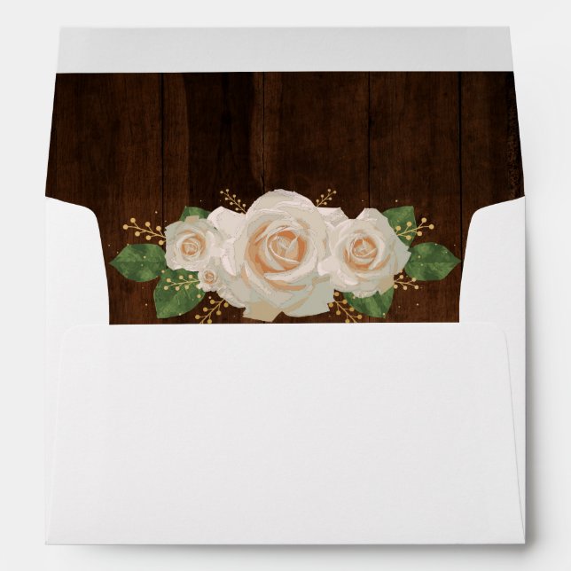 Enveloppe Mariage campagnard d'or rose blanche en bois rusti (Dos (Bas))