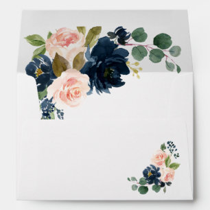 Enveloppe Mariage campagnard floral bleu marine et rose pâle