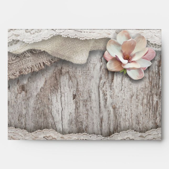 Enveloppe Mariage campagnard floral en dentelle de bois rust (Devant)