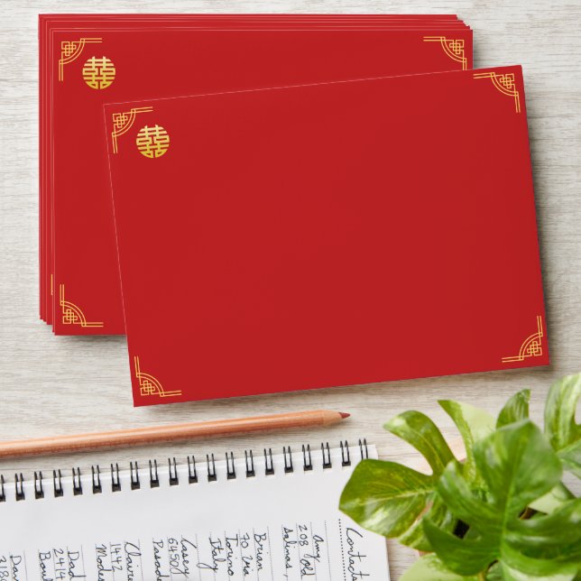 Enveloppe Mariage chinois cadre doré double xi invitation (Stacked)