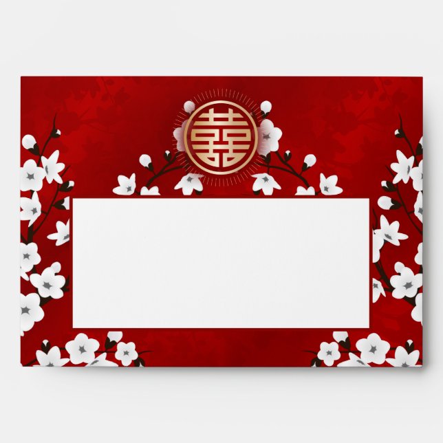 Enveloppe Mariage chinois en fleurs de cerisier rouge or bla (Devant)