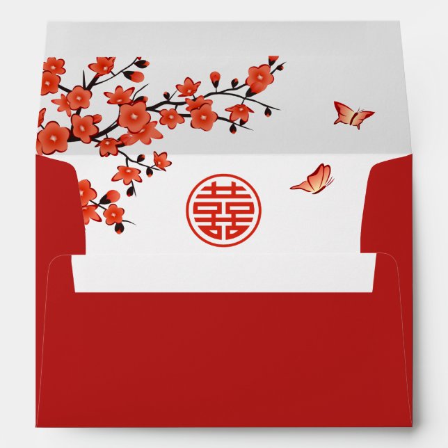 Enveloppe Mariage chinois rouge cerisier en fleurs (Dos (Bas))