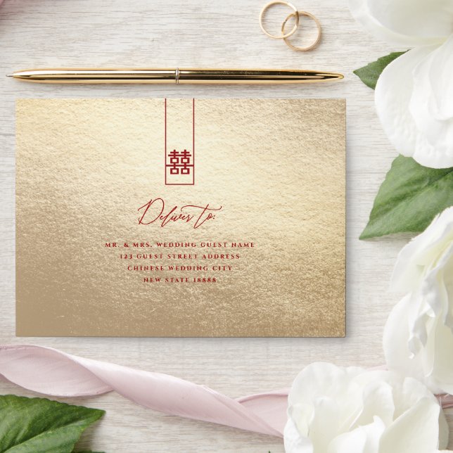 Enveloppe Mariage chinois rouge/or grand double bonheur (Wedding)