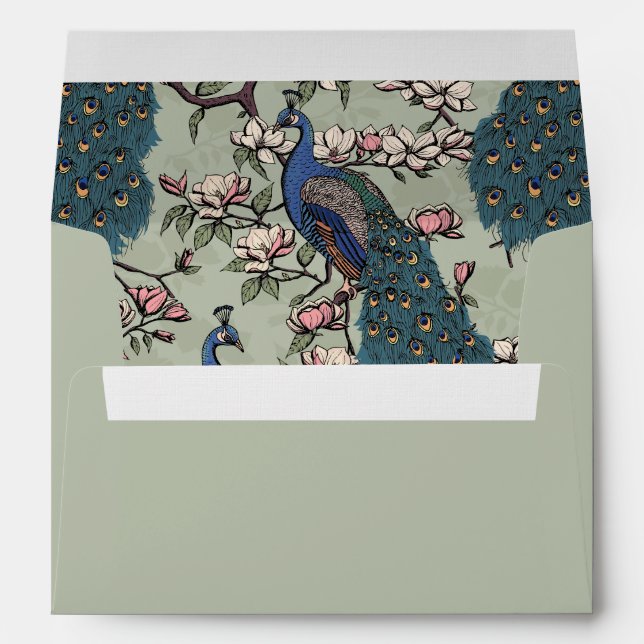 Enveloppe Mariage Chinoiserie Olive Poussiéreuse Paon (Dos (Bas))