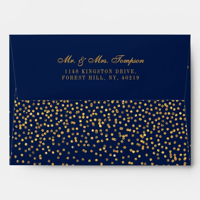Enveloppe Mariage Confetti en or bleu marine et glam (Dos (Haut rabat))