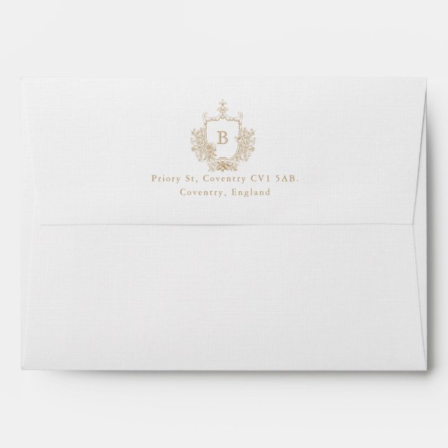 Enveloppe Mariage d'adresse de retour du monogramme blanc or (Dos (Haut rabat))
