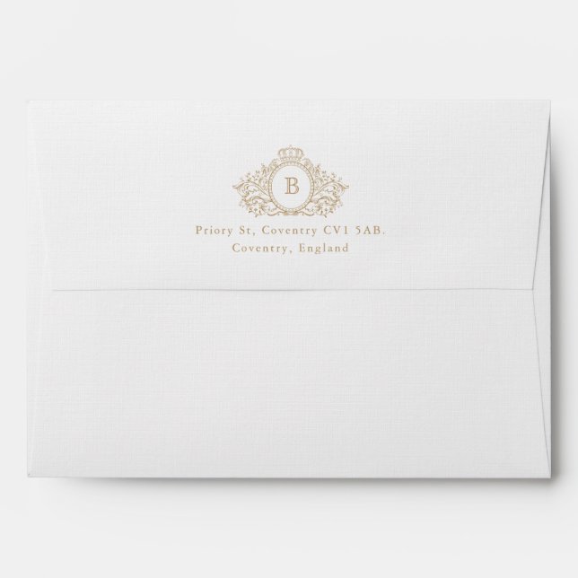 Enveloppe Mariage d'adresse de retour du monogramme blanc or (Dos (Haut rabat))