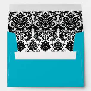 Enveloppe Mariage damassé Turquoise, Noir et Blanc
