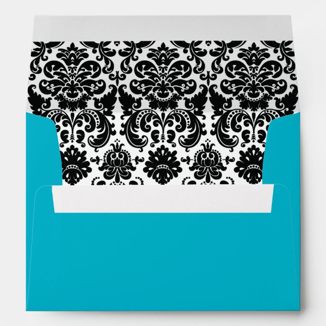 Enveloppe Mariage damassé Turquoise, Noir et Blanc (Dos (Bas))
