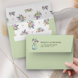 Enveloppe Mariage dans un pot Mason de fleurs sauvages