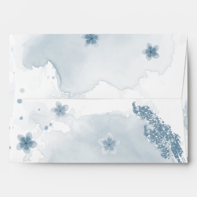Enveloppe mariage d'aquarelle de fleurs bleues romantiques (Dos (Haut rabat))