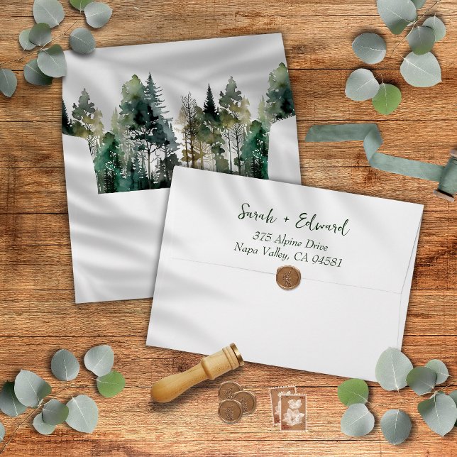 Enveloppe Mariage d'aquarelle de forêt rustique (Rustic Watercolor Pine Trees Wedding Envelopes)