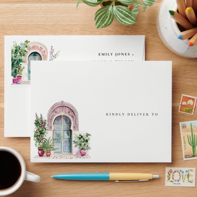Enveloppe Mariage d'aquarelle de porte marocaine tropicale (Desk)