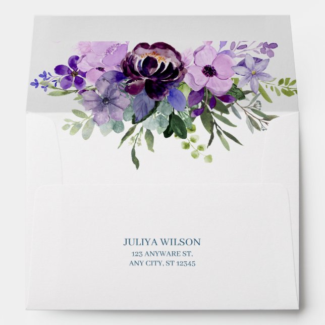 Enveloppe Mariage d'aquarelle fleurie violet et vert (Dos (Bas))