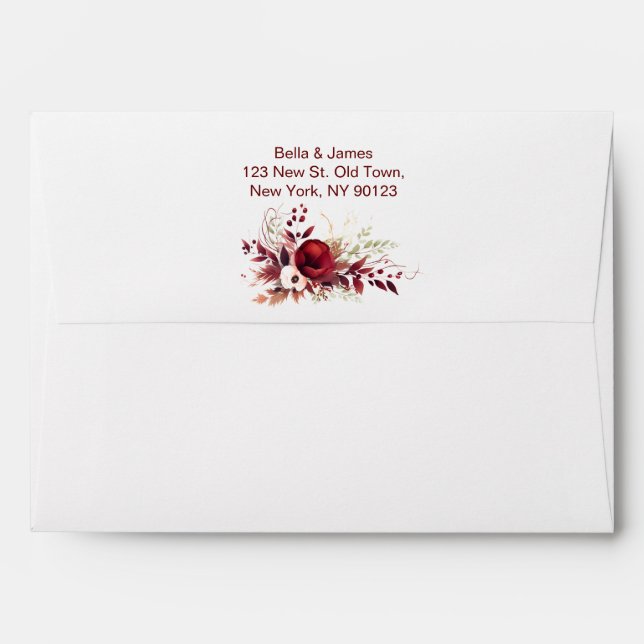 Enveloppe Mariage de automne floral rouge de Bourgogne (Dos (Haut rabat))