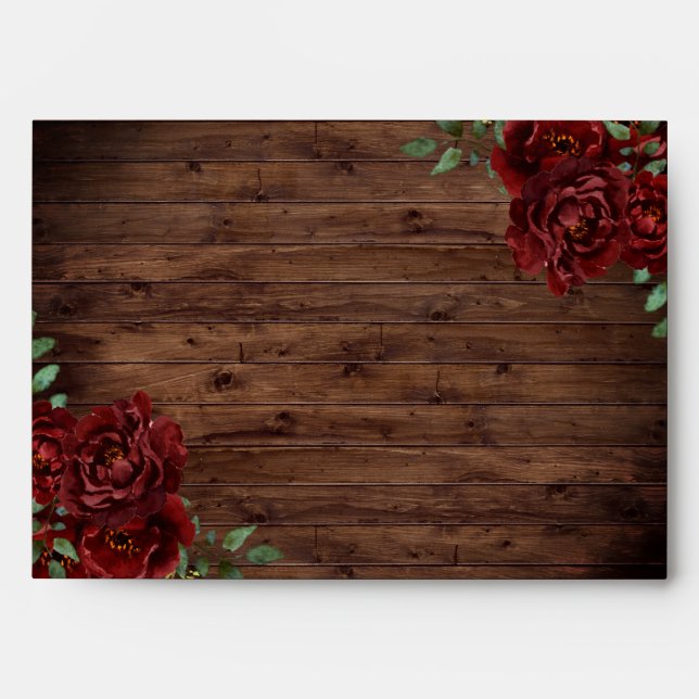 Enveloppe Mariage de bois rustique de rose rousse de Bourgog (Devant)