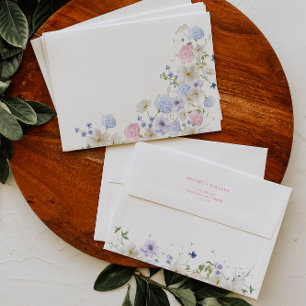 Enveloppe Mariage de bouquet rose et violet Aquare