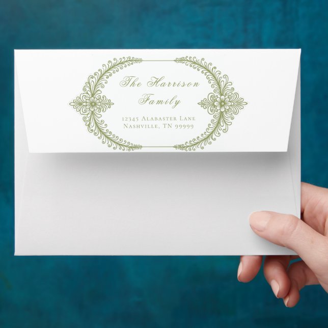 Enveloppe Mariage de cadre à la française vert olive (Hand)