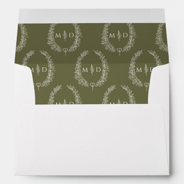 Enveloppe mariage de couronnes de monogramme blanc vert oliv (Dos (Bas))