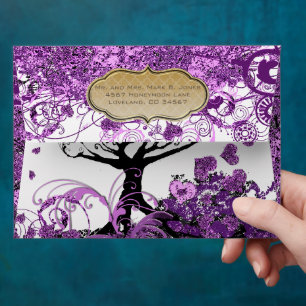 Enveloppe Mariage de feuille d'arbre de coeur violet radiant