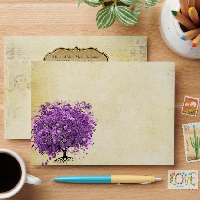 Enveloppe Mariage de feuille d'arbre de coeur violet radiant (Desk)