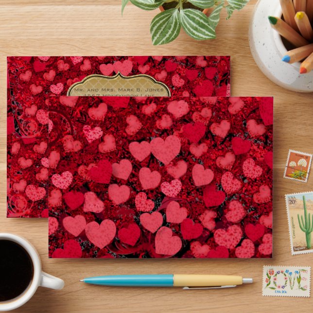 Enveloppe Mariage de feuilles de coeur rouge et rose (Desk)